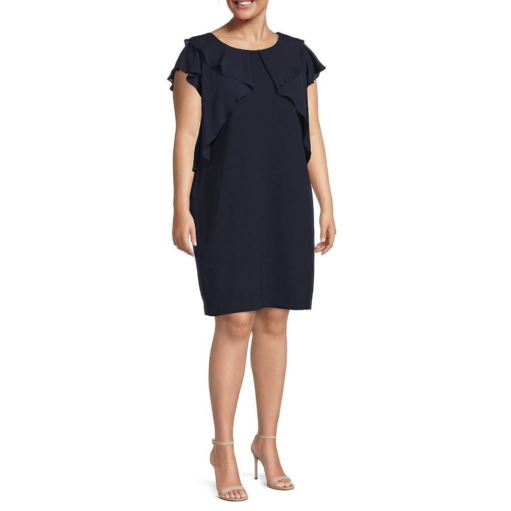 DKNY Georgette Chiffon Capelet Flutter Sleeve Sheath Dress in Navy Sz. 18W NWT